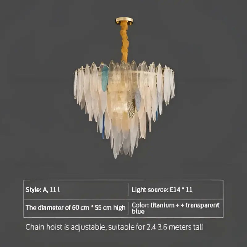 Modern teal and gold glass chandelier light with cascading translucent and blue-tinted glass shards for living room