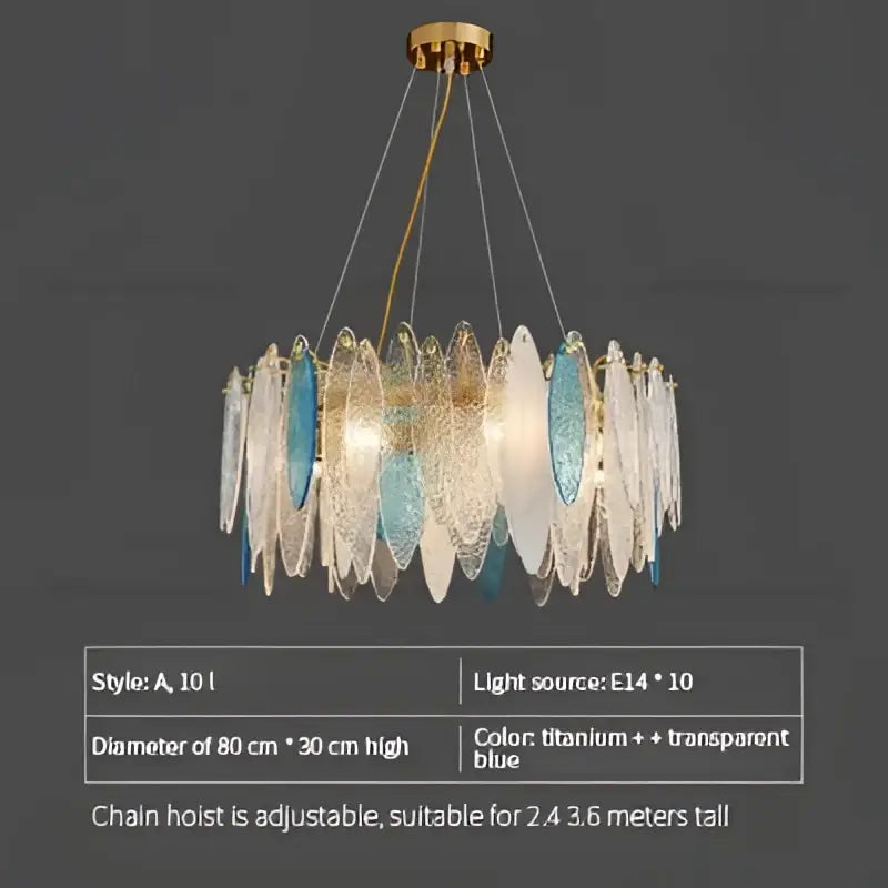 Modern teal and gold glass chandelier light with layered translucent blue and clear glass leaf shades for living room