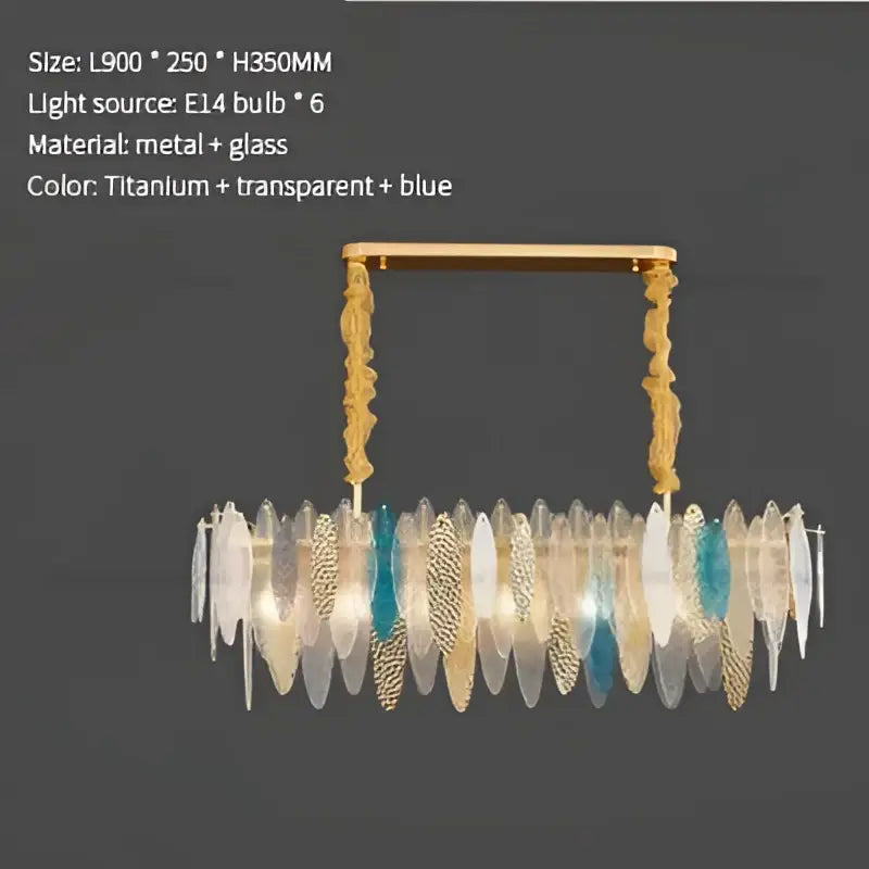 Modern teal and gold glass chandelier light with gold metal frame and blue amber glass shards for living room use