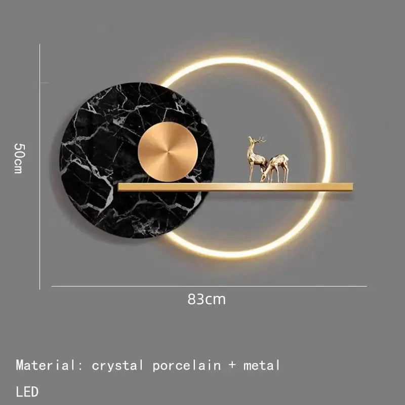 Modern teal and gold led wall sconce with colorful metal shelf, black marble clock face, and gold-toned deer figurines
