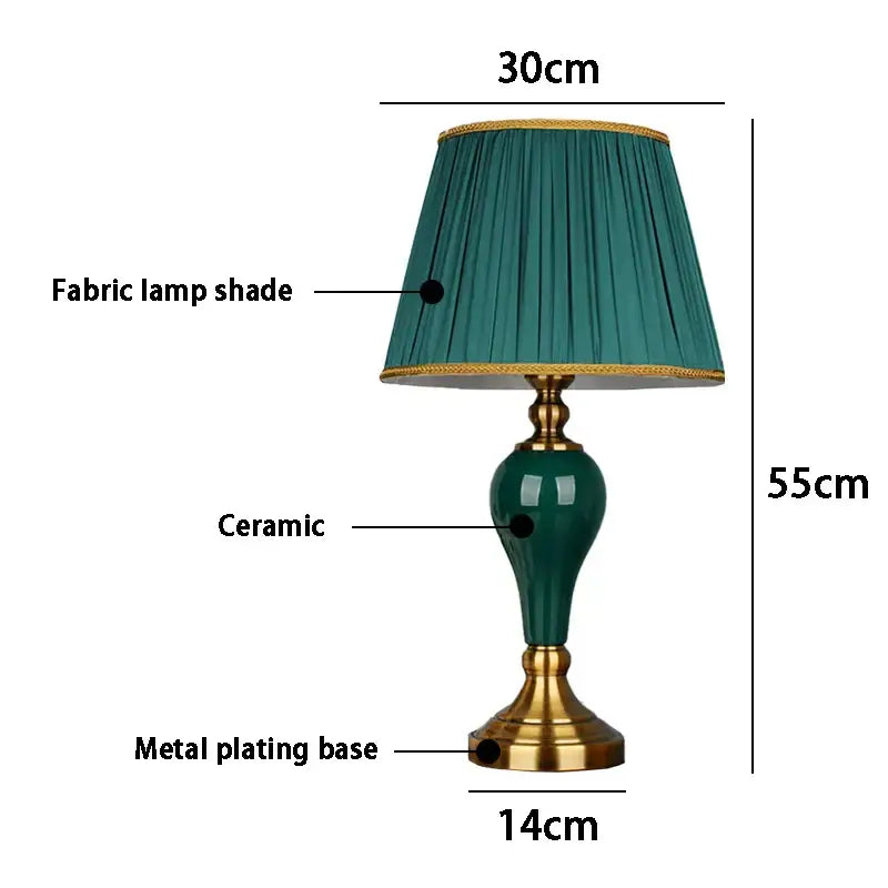Elegant modern green ceramic table lamp with pleated fabric shade and gold base for bedroom and living room use