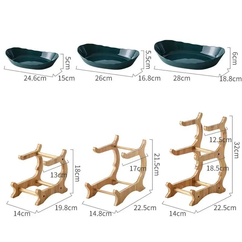 Set of three dark green ceramic scalloped layer table plates with matching bamboo wine bottle stands for dining room use