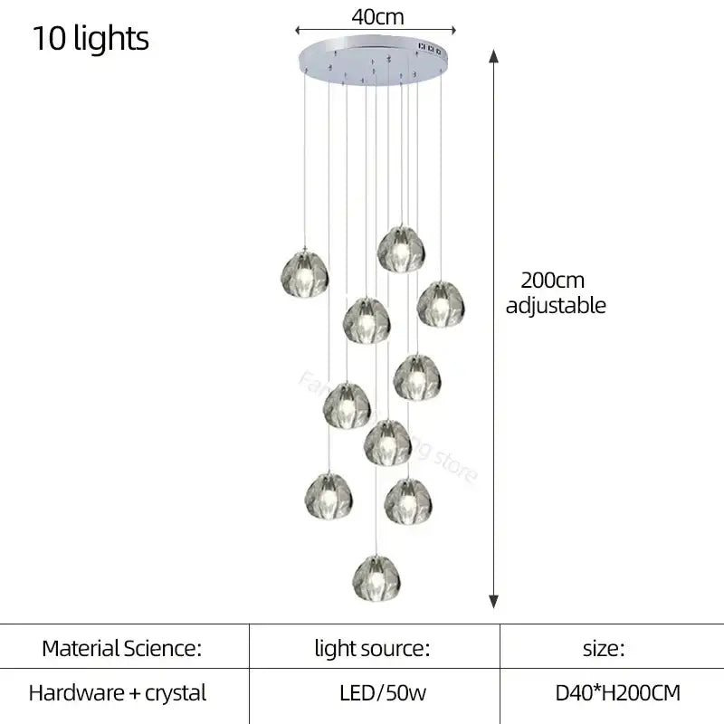 Modern teardrop decorbites crystal led chandelier with 10 faceted glass globes and chrome mount for living room pendant light