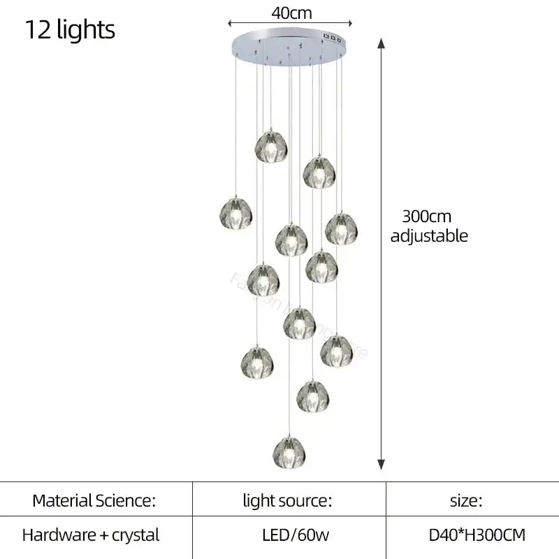 Modern teardrop decorbites crystal led chandelier with 12 hanging globe lights and chrome fixture for living room decor