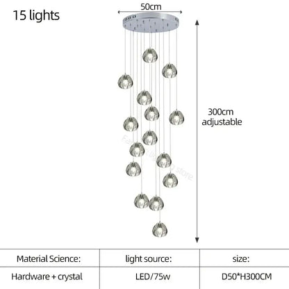 A modern crystal led chandelier with 15 clear teardrop droplets on a chrome fixture by decorbites for living room decor