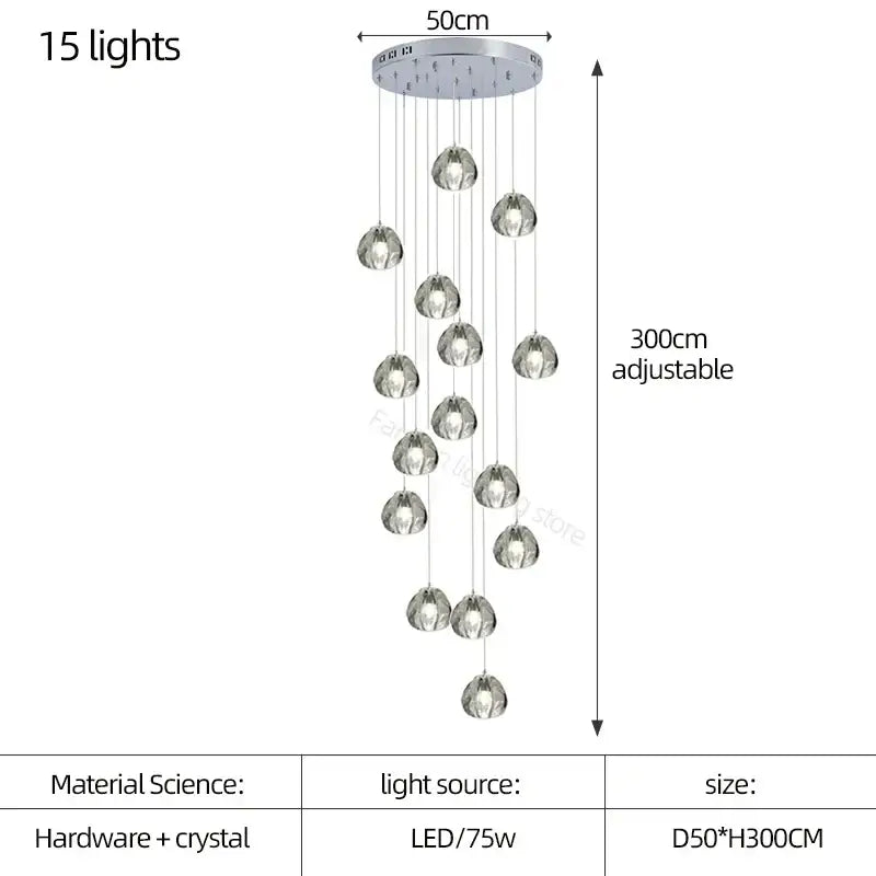 A modern crystal led chandelier with 15 clear teardrop droplets on a chrome fixture by decorbites for living room decor