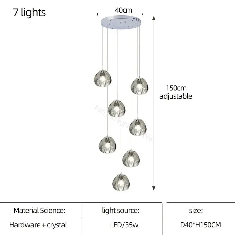 Modern teardrop silver-toned decorbites crystal led chandelier with seven hanging globe lights for living room decor