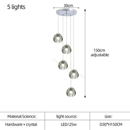 Modern teardrop crystal led chandelier with five chrome hardware lights and globe shades by decorbites crystal led