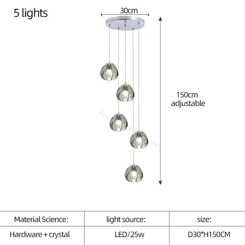 Modern teardrop crystal led chandelier with five chrome hardware lights and globe shades by decorbites crystal led