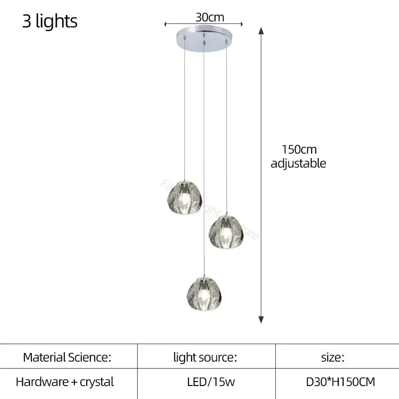 Modern teardrop decorbites crystal led chandelier with three chrome and crystal globe pendant lights for living room decor