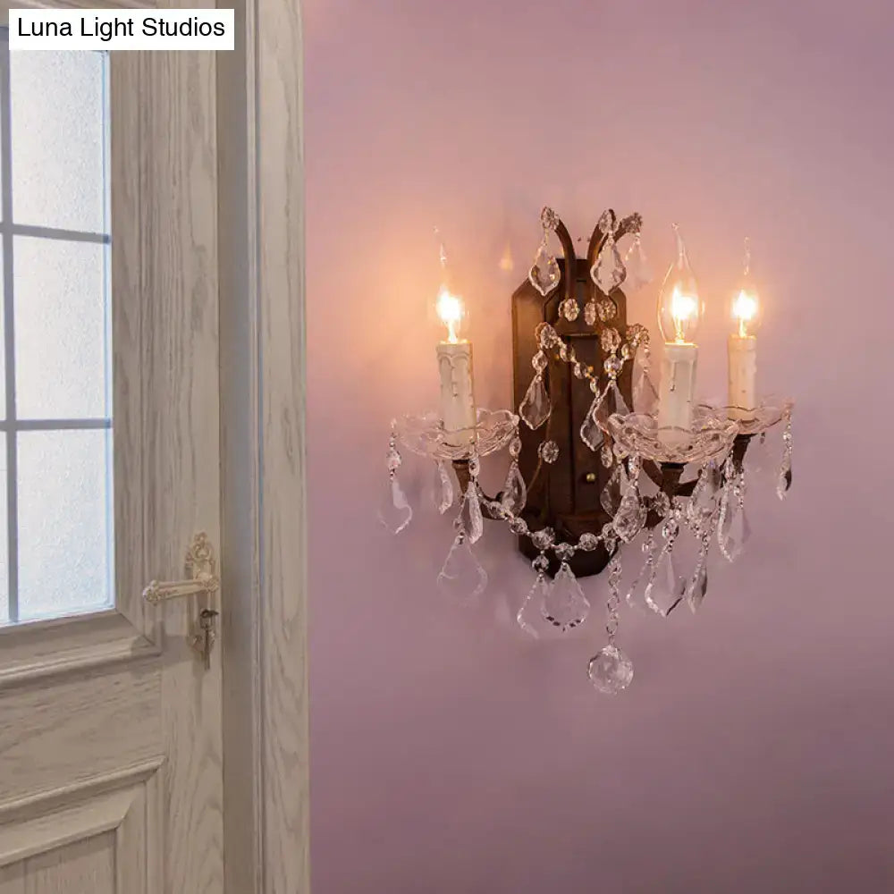 Antique bronze wall lamp with modern teardrop clear crystal droplets and prisms for living room decor
