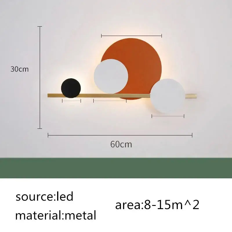 Modern terracotta and black decorbites circular wall lamp with gold metal bar and three color discs luxury wall lamp