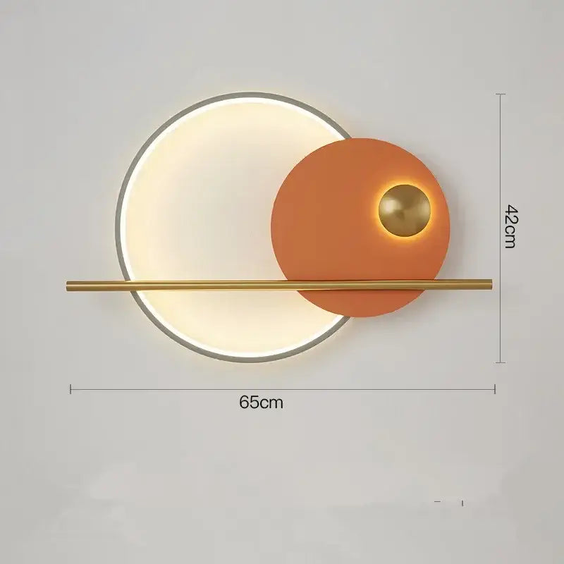 Modern terracotta and black decorbites circular wall lamp with a large white diffuser, orange accent, and gold bar luxury wall lamp