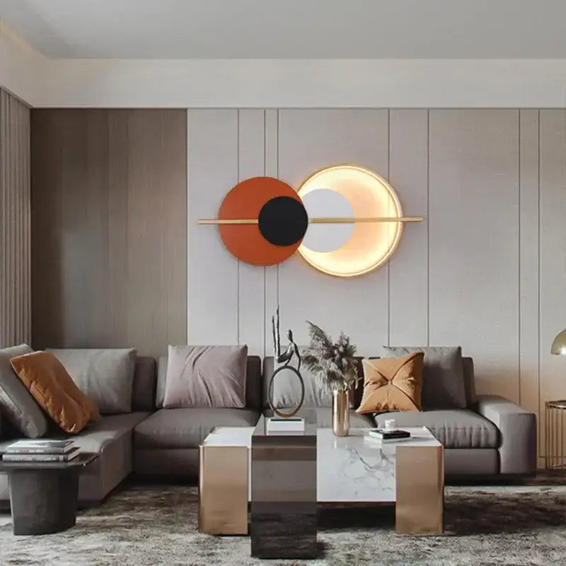 Modern terracotta and black decorbites circular wall lamp luxury wall lamp with two discs and gold bar for bedroom lighting