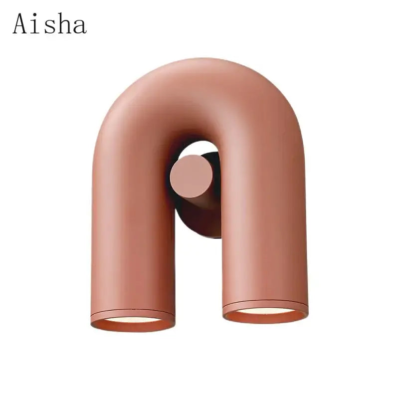Aisha brand modern terracotta and gray ceramic led u-shaped wall lamp with dual cylindrical light fixtures for bedroom