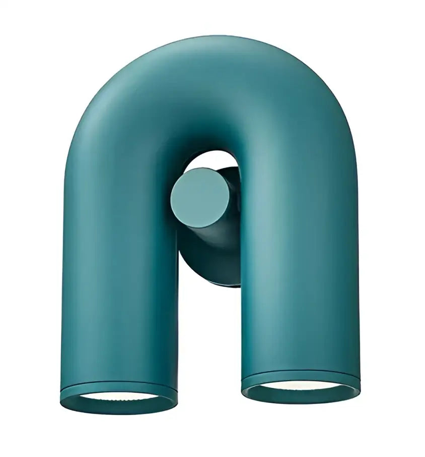 Modern terracotta led u-shaped wall lamp in teal with two cylindrical matt finish fixtures for living room staircase