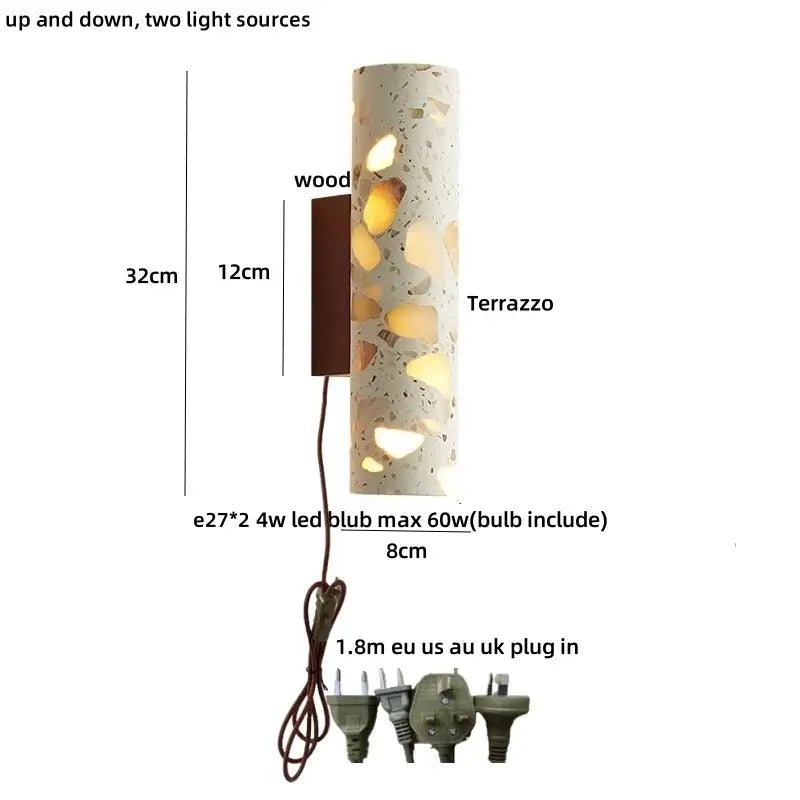 Modern terrazzo concrete led wall sconce with wood backplate and stone inlays illuminates bathroom decorbites led wall