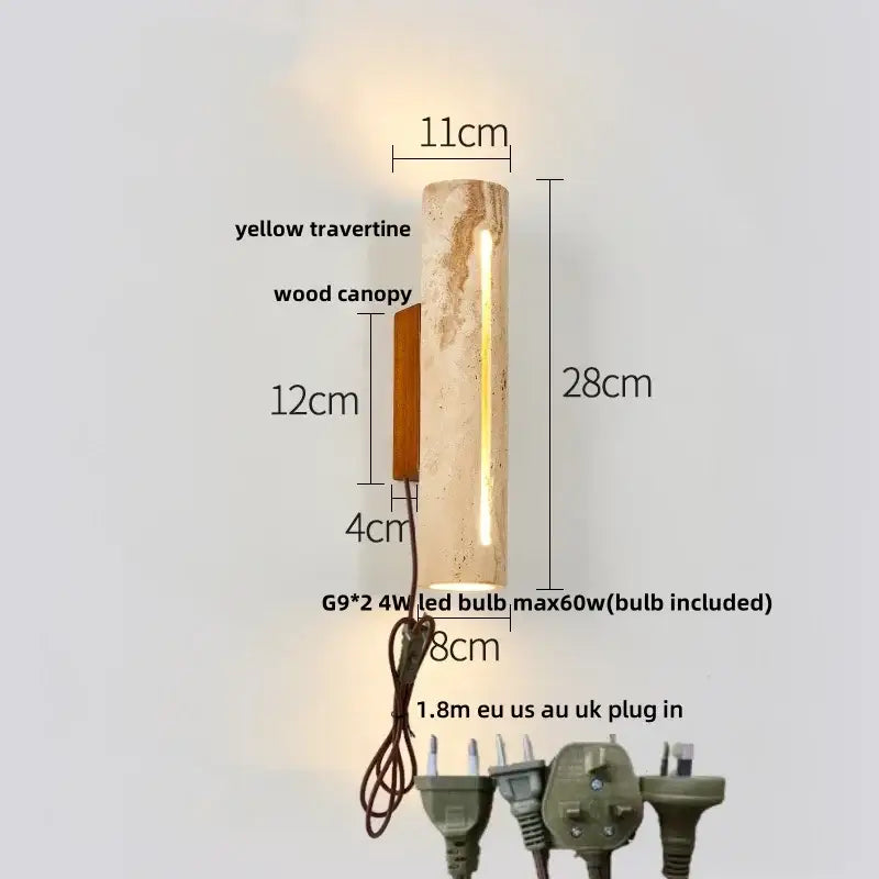 Modern terrazzo concrete led wall sconce with a cylindrical yellow travertine body and wooden canopy decorbites led wall light