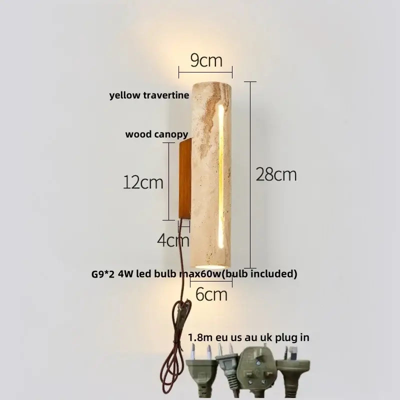 Modern terrazzo concrete led wall sconce with cylindrical yellow travertine body and wooden canopy decorbites led wall sconce