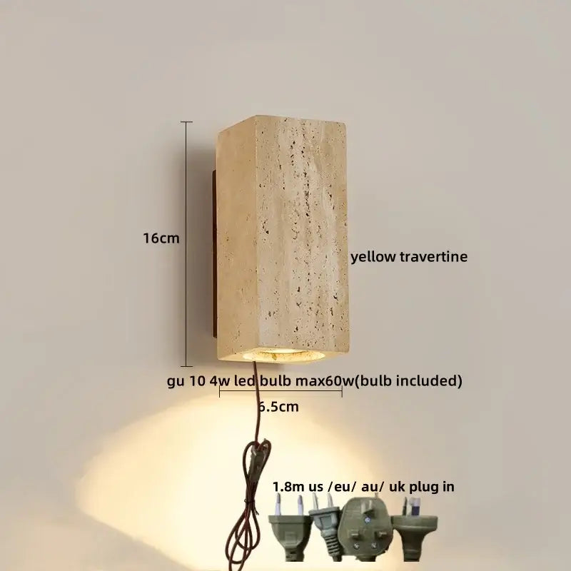 Modern terrazzo concrete led wall sconce featuring a rectangular yellow travertine design with gu10 led bulb and multiple plugs