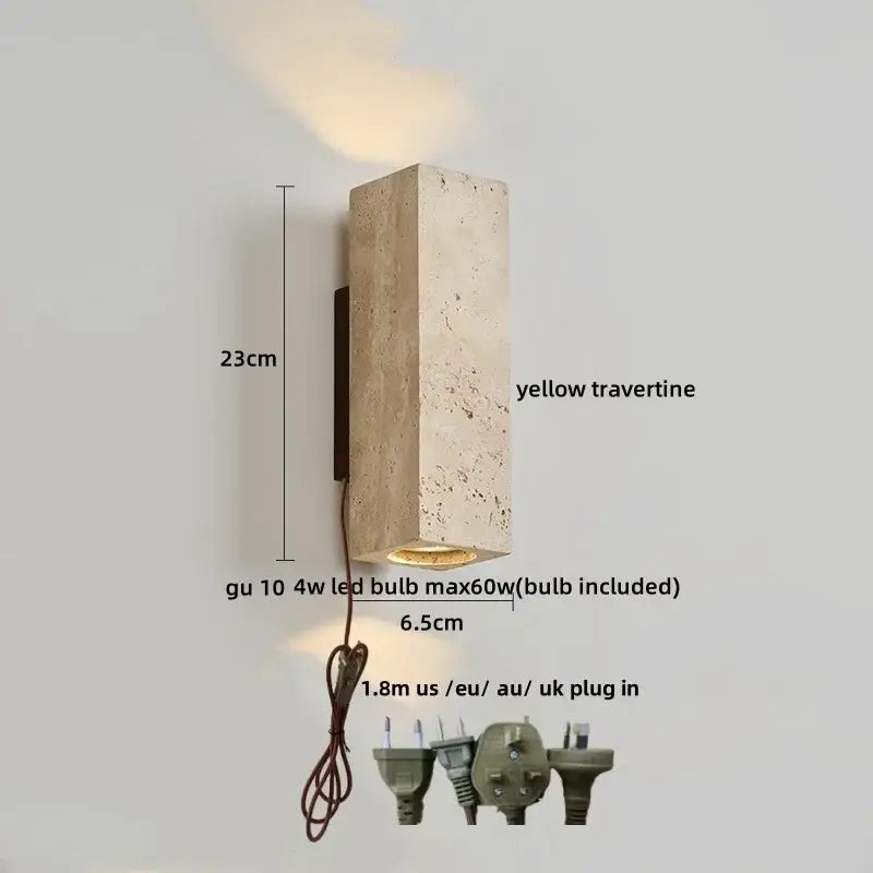 Modern terrazzo concrete led wall sconce in yellow travertine stone with minimalist rectangular design and gu10 led bulb