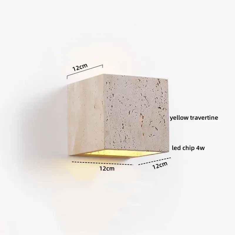 Modern terrazzo cube led wall light fixture made of yellow travertine stone with warm golden glow for bedroom decorbites led wall