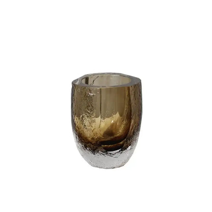 A modern textured brown glazed glass vase with a frosted hammered base and smooth rim for living room decor