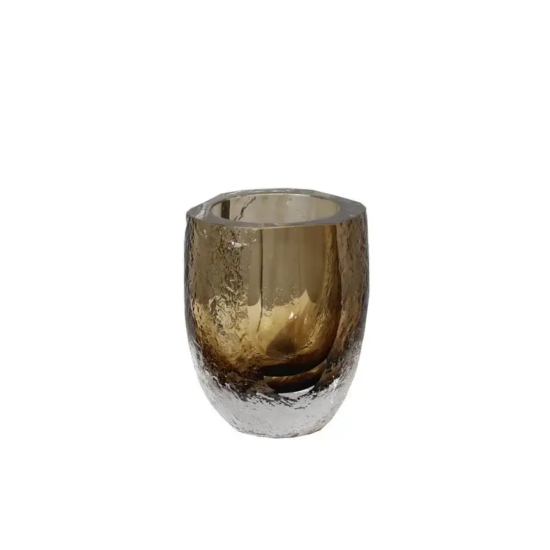 A modern textured brown glazed glass vase with a frosted hammered base and smooth rim for living room decor
