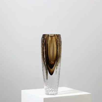 A tall slender brown glazed glass vase with textured amber section ideal for modern living room decorbites decor