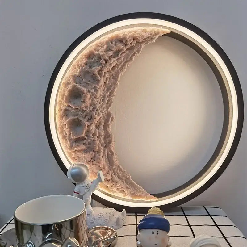 Modern textured crescent moon wall lamp with beige textured design and black frame for bedroom decorbites crescent moon decor