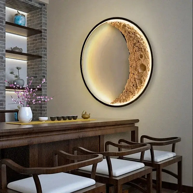 Modern textured crescent moon wall lamp features a golden brown decorbites crescent moon design with illuminated inner glow