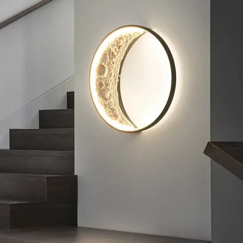 Modern textured crescent moon wall lamp with light surface and metallic frame for bedroom by decorbites crescent moon