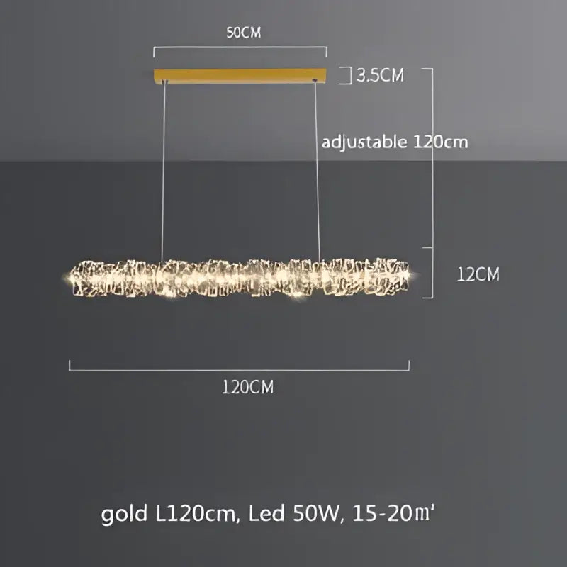 Gold-colored modern textured crystal led pendant light with sleek elongated design for warm dining room illumination