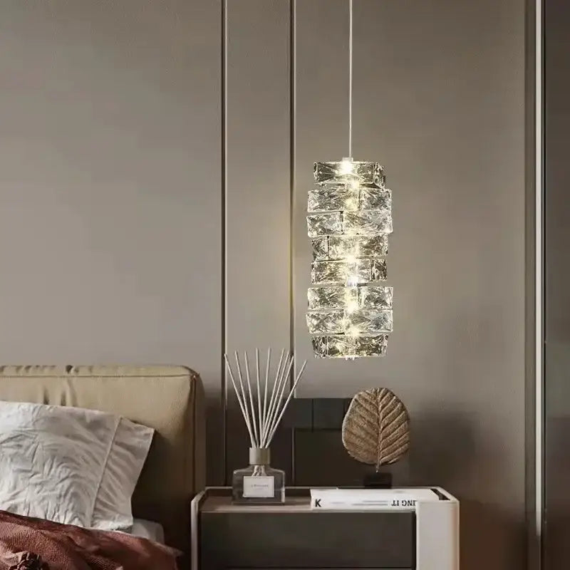 Modern textured crystal led pendant light with tiered rectangular glass segments and warm illumination for dining room decorbites crystal led pendant