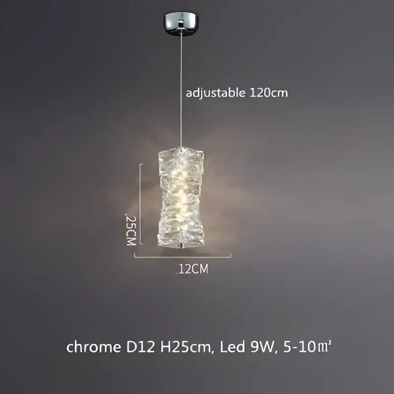 Modern textured crystal led pendant light with chrome finish and adjustable height for warm dining room illumination