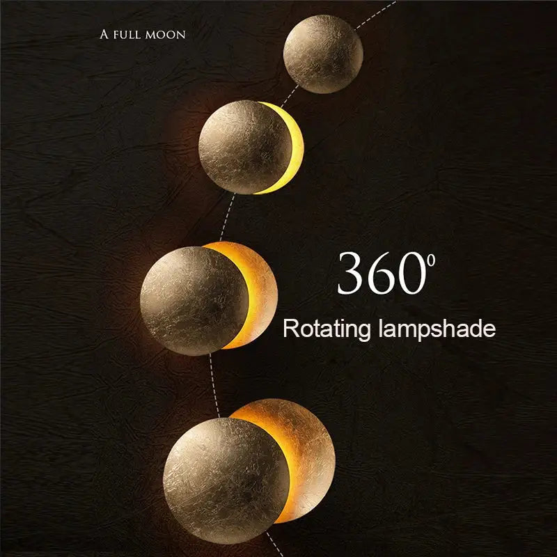 A sleek metallic gold modern textured eclipse round wall lamp with amber glow for bedroom use
