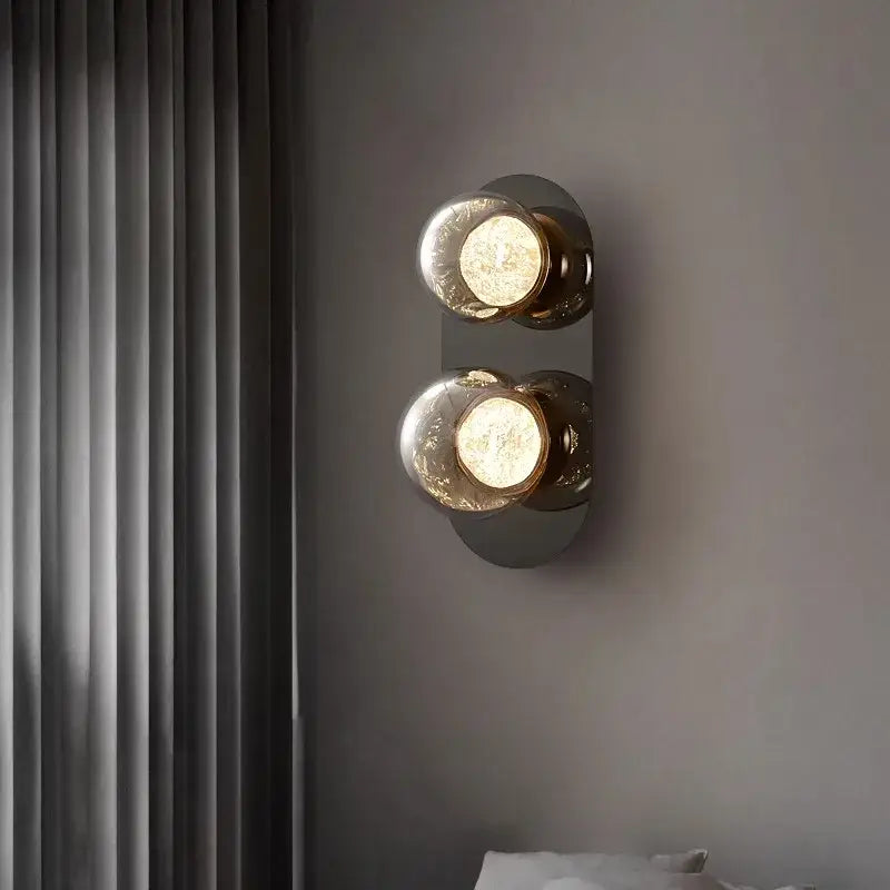 Modern double-bulb glass ball sconce lamp with frosted globes and brushed brass for bedroom aisle decorbites sconce lamps