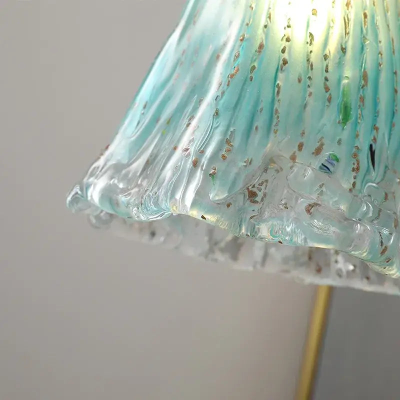 Modern textured glass copper led pendant light featuring a translucent turquoise lampshade with gold flecks