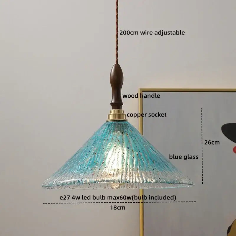 Modern textured glass copper led pendant light with a delicate blue ripple glass and dark wood handle for kitchen and dining room