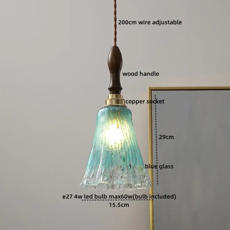 Modern textured blue glass copper led pendant light with wooden handle and bell-shaped shade for kitchen dining room