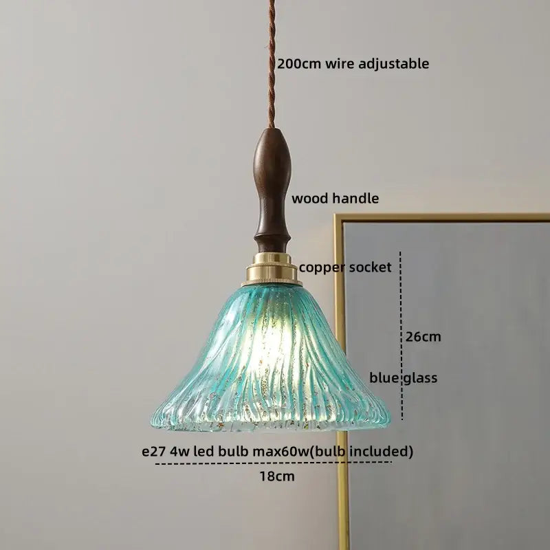 Teal blue textured glass copper led pendant light with wooden handle for modern kitchen and dining room lighting