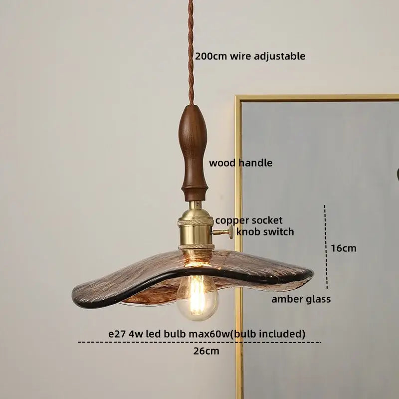 Modern textured amber glass copper led pendant light with wooden handle and adjustable 200cm wire for kitchen dining room