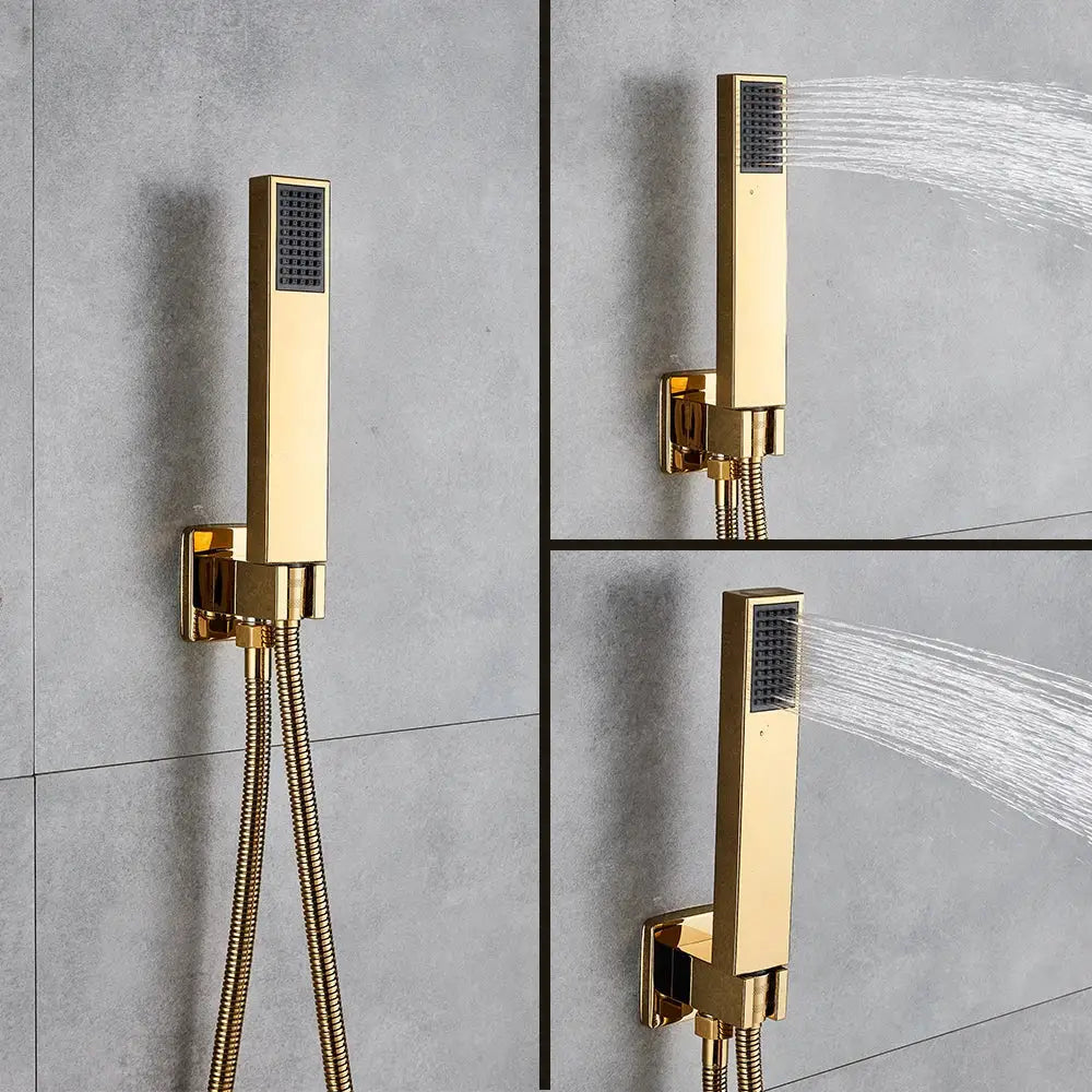 Modern textured gold rain shower faucet set wall mount with gold-colored rectangular showerhead and black spray grid decorbites gold rain