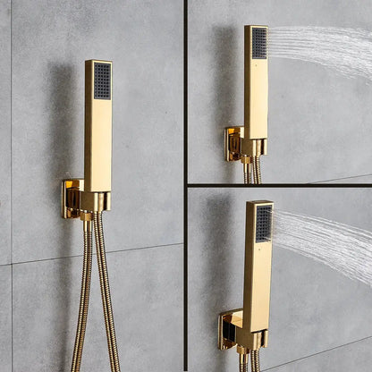 Modern textured gold rain shower faucet set wall mount with gold-colored rectangular showerhead and black spray grid decorbites gold rain