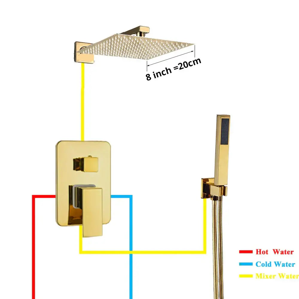 Modern textured gold rain shower faucet set with gold-finished square shower head and matching wall-mounted valve decorbites gold rain