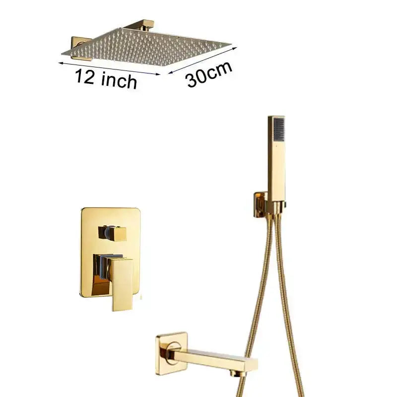 Modern textured gold rain shower faucet set with gold-finished square 12-inch rain showerhead by decorbites