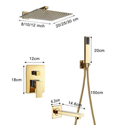 Modern textured gold rain shower faucet set with square gold-finished showerhead and matching handheld unit for bathroom decorbites gold rain
