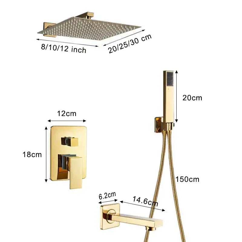 Modern textured gold rain shower faucet set with square gold-finished showerhead and matching handheld unit for bathroom decorbites gold rain