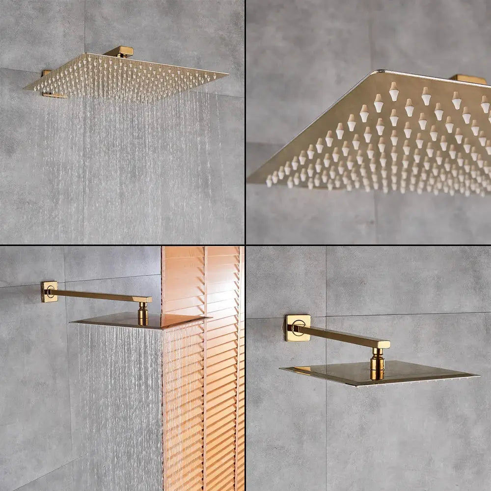 Modern textured decorbites gold rain shower faucet set with square gold finish rain showerhead and wall mount arm