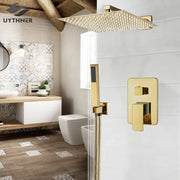 Modern textured gold rain shower faucet set with square textured gold shower head and wall-mounted decorbites gold rain control panel